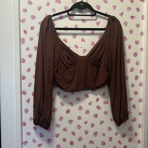 LA Hearts PAC Sun Brown Crop Top with Balloon Sleeves Corset Style Smock Back Lg